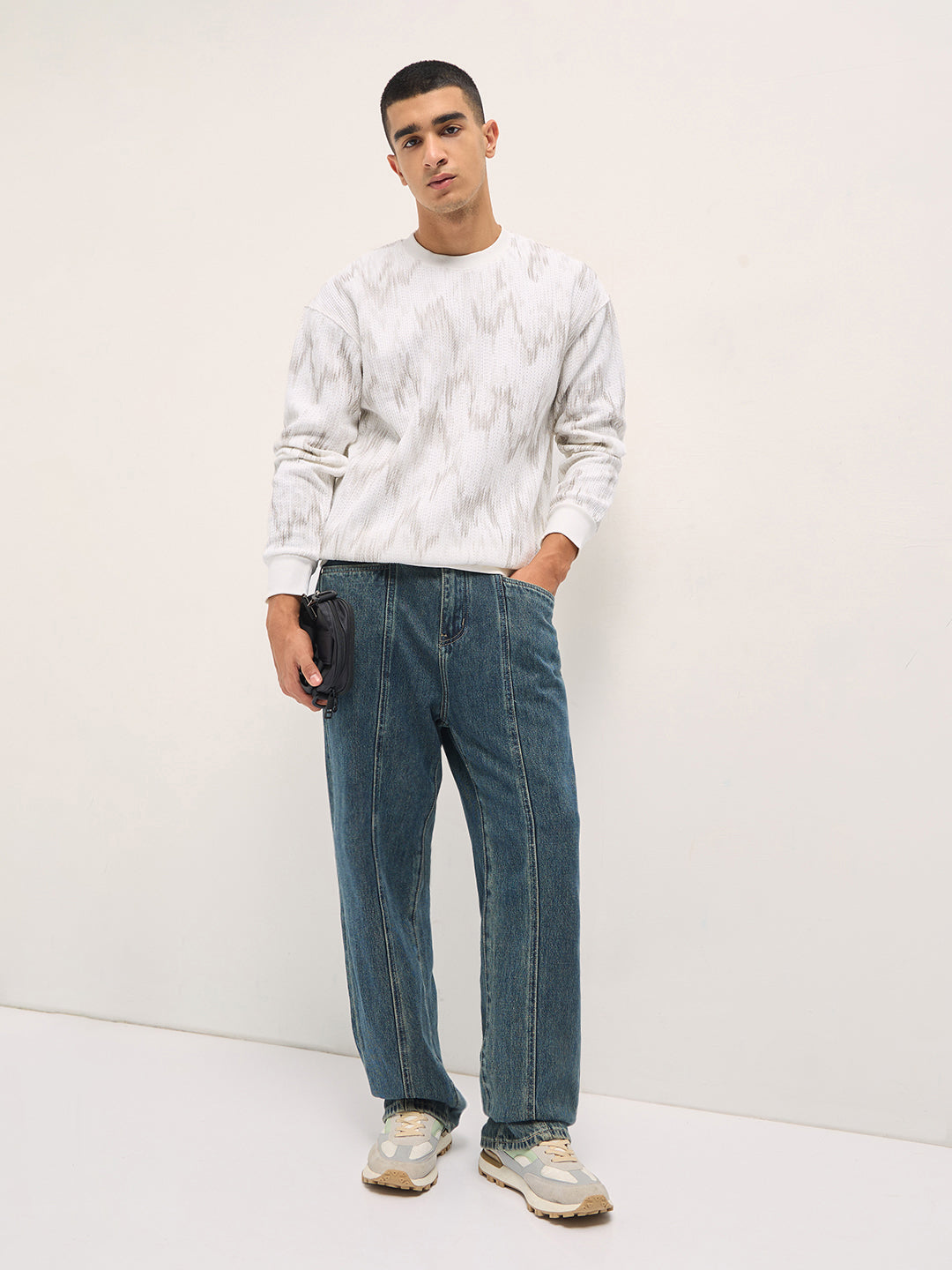 Men White Regular Fit Textured Crew Neck T-shirt