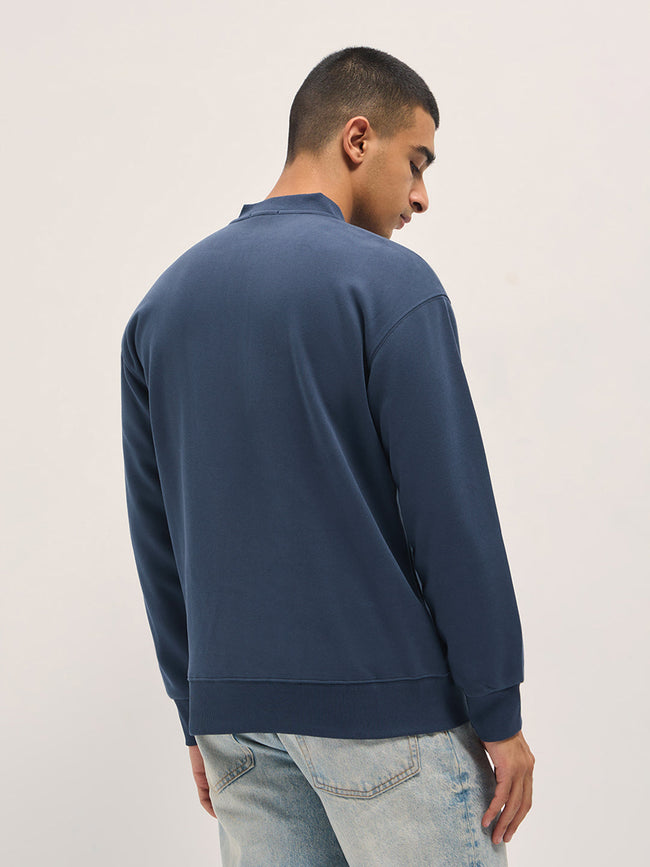 Men Blue Solid Relaxed Fit Henley Neck T-Shirt