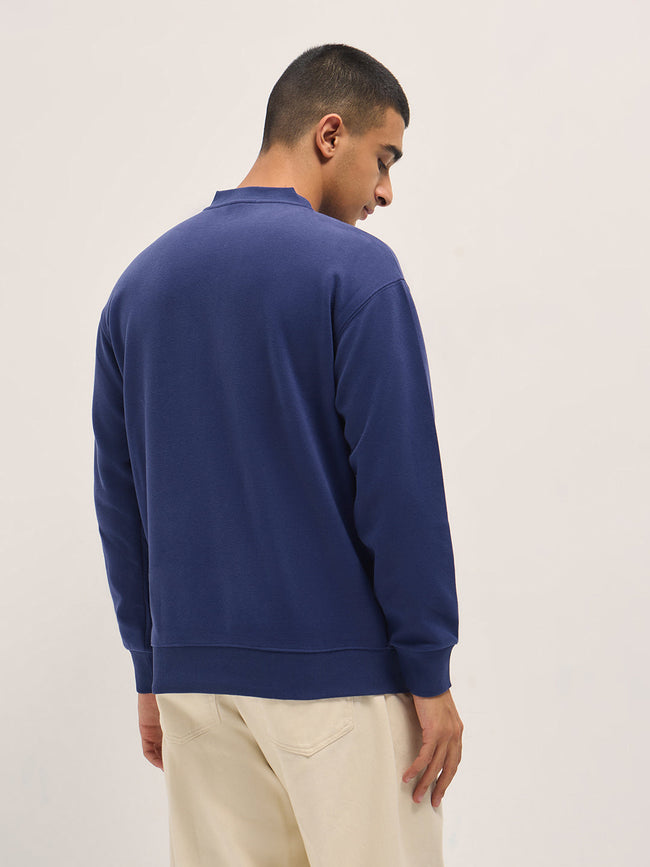 Men Blue Solid Relaxed Fit Henley Neck T-Shirt