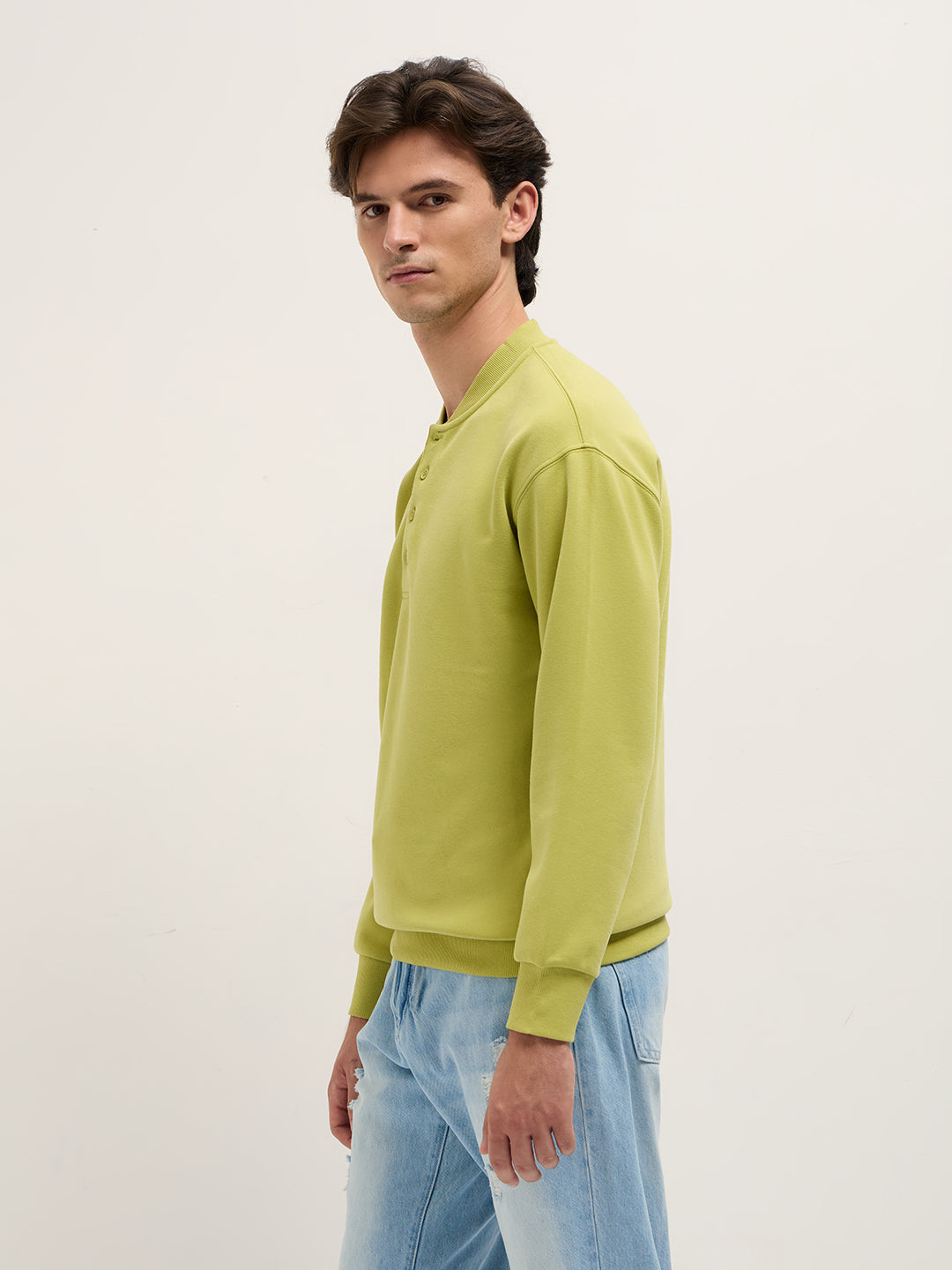 Men Lime Green Solid Relaxed Fit Henley Neck T-Shirt