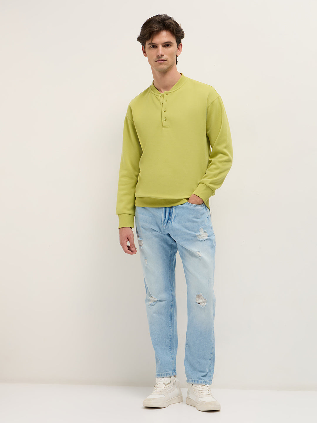 Men Lime Green Solid Relaxed Fit Henley Neck T-Shirt