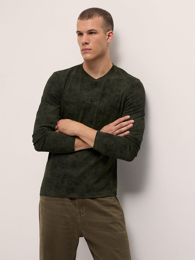 Men Dark Green Slim Fit Crew Neck T-Shirt