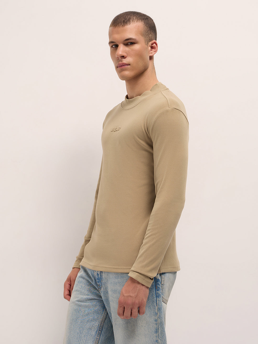 Men Beige Slim Fit Crew Neck T-Shirt