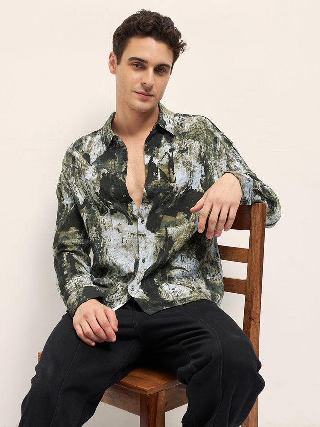 Men Green Hand-Painted Textured Print Relax Fit Overshirt