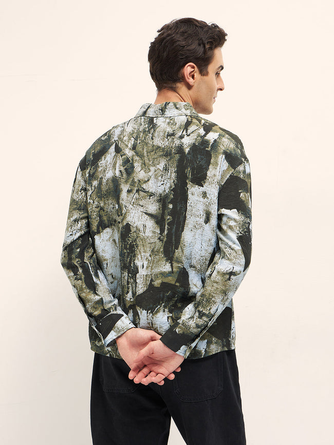 Men Green Hand-Painted Textured Print Relax Fit Overshirt