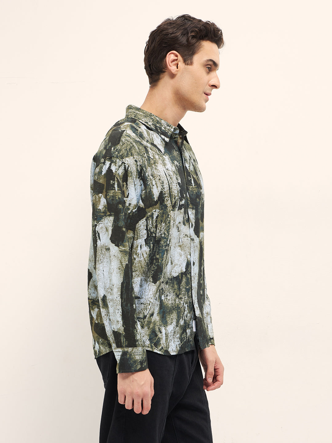 Men Green Hand-Painted Textured Print Relax Fit Overshirt