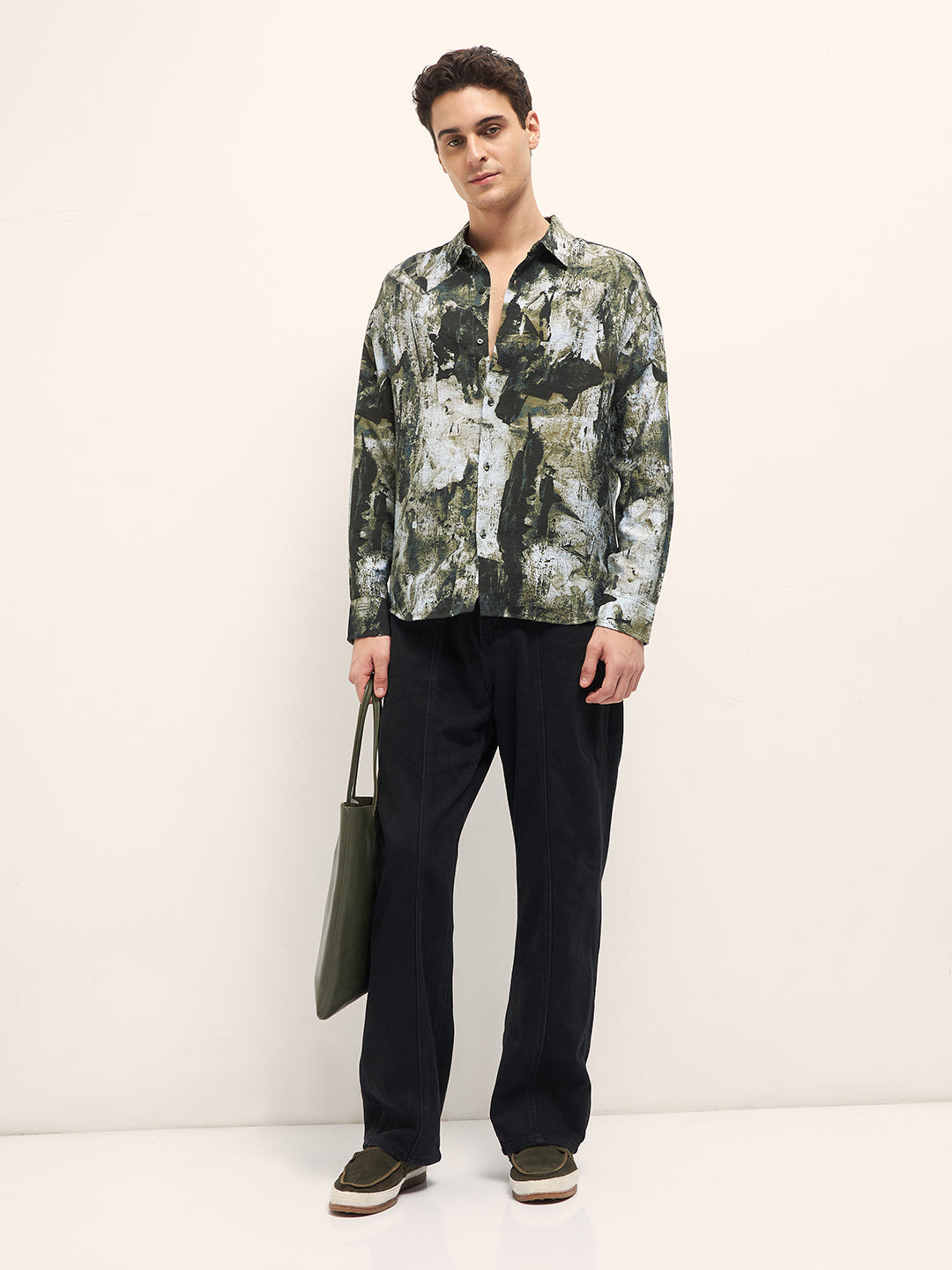 Men Green Hand-Painted Textured Print Relax Fit Overshirt