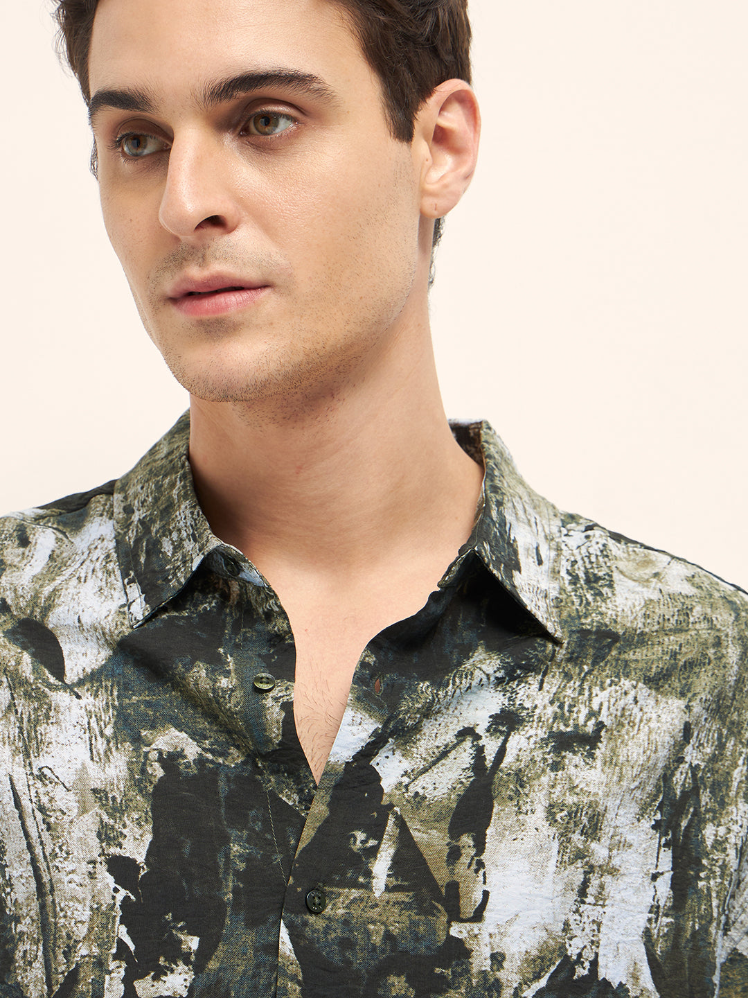 Men Green Hand-Painted Textured Print Relax Fit Overshirt