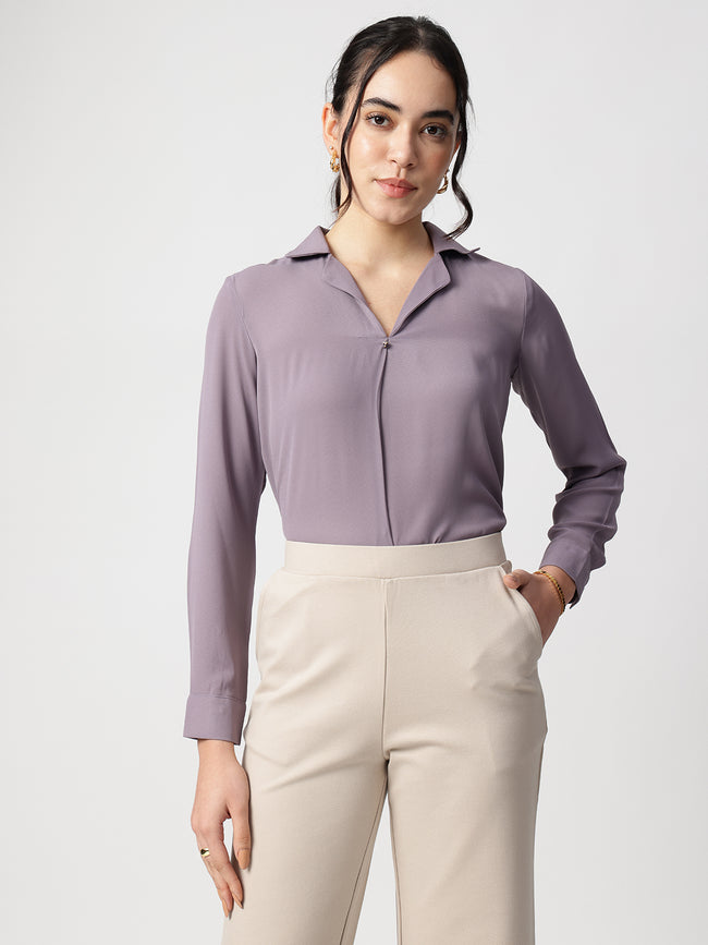 Women Purple Cuban Collar Shirt