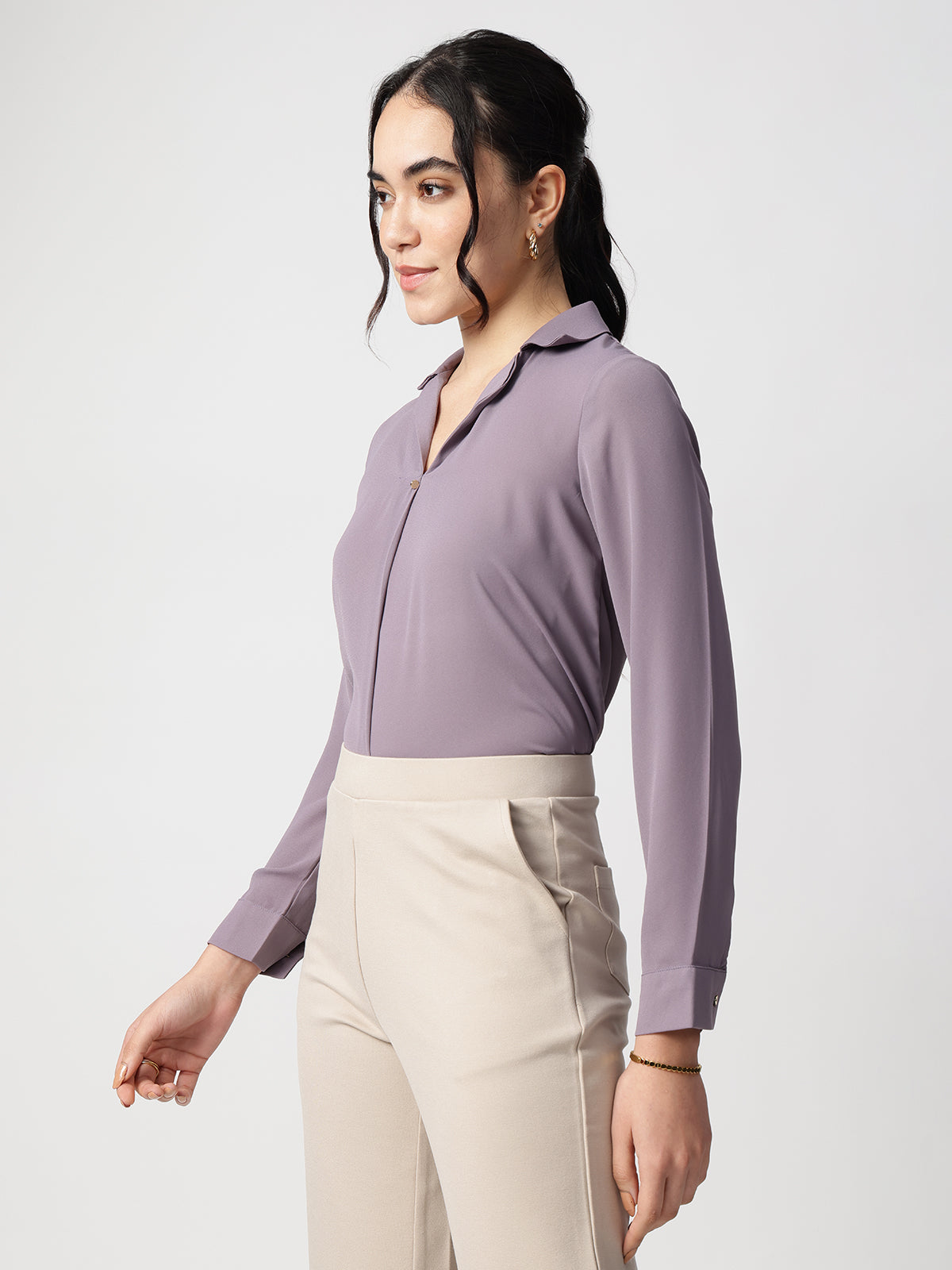Women Purple Cuban Collar Shirt