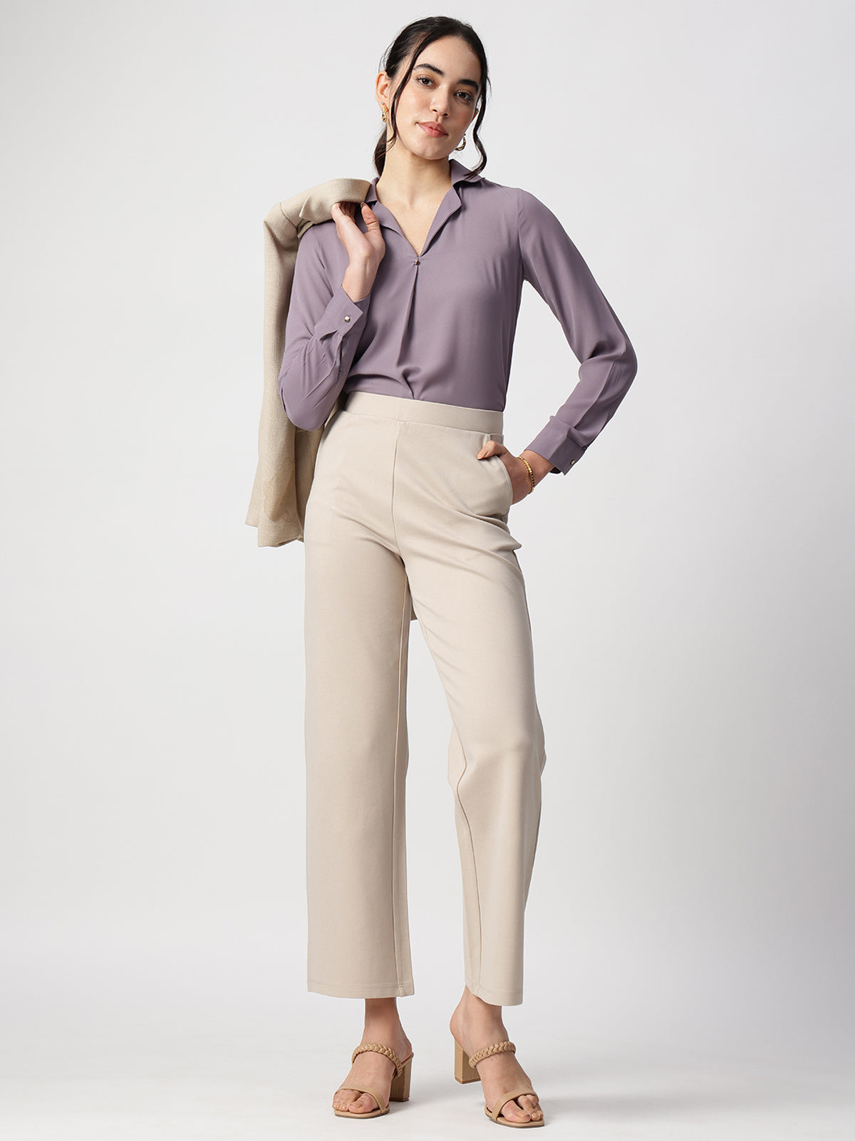 Women Purple Cuban Collar Shirt