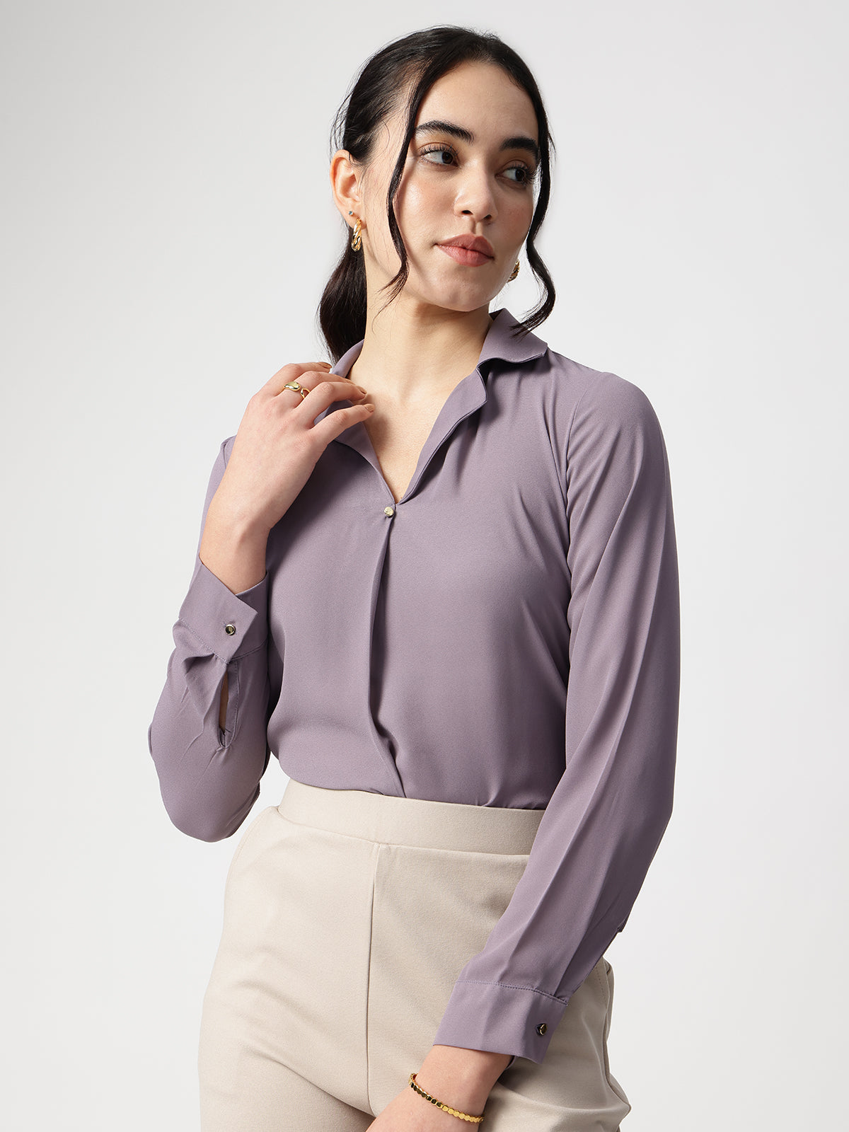 Women Purple Cuban Collar Shirt