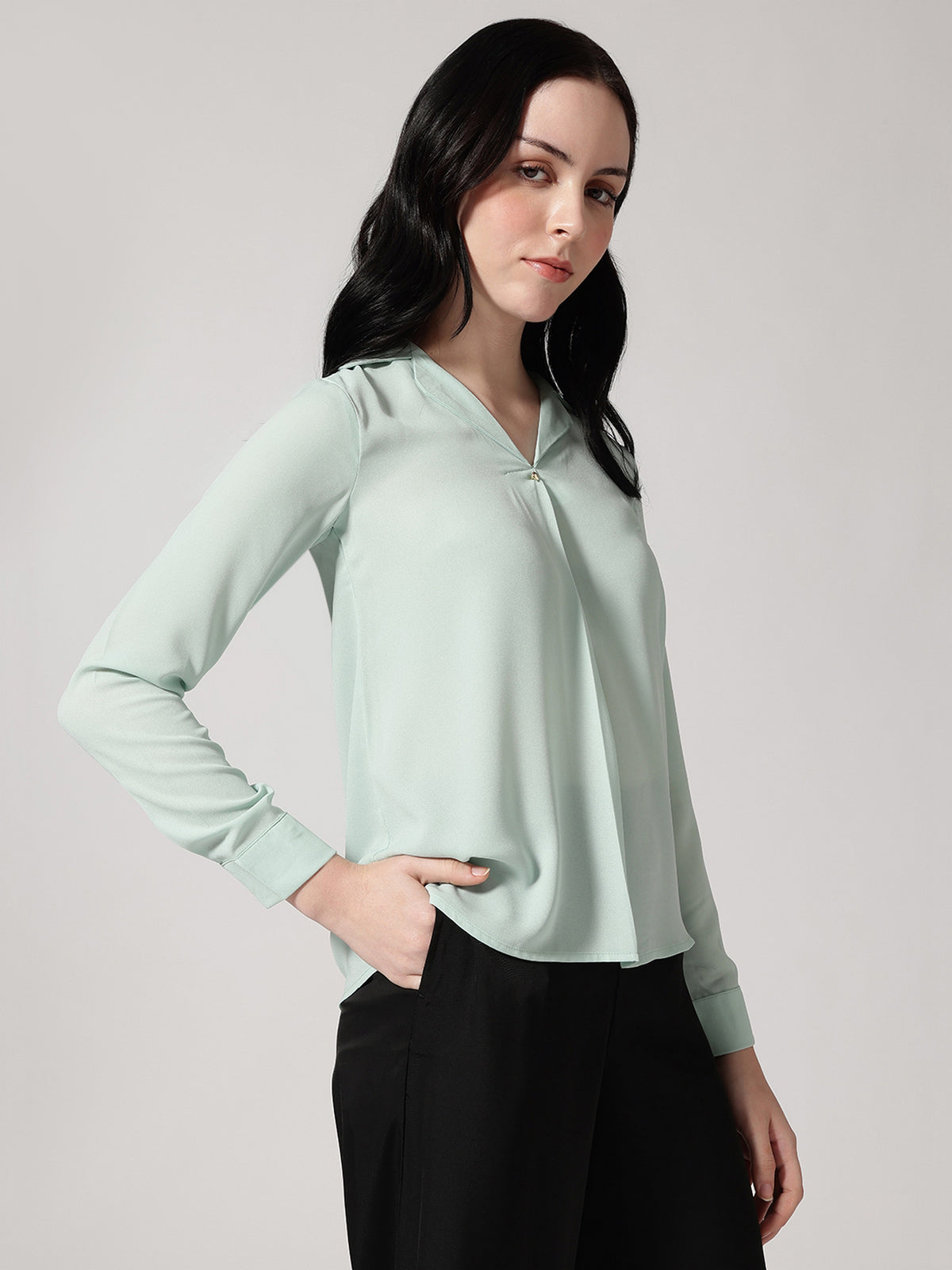 Women Green Polyester Cuban Collar Top