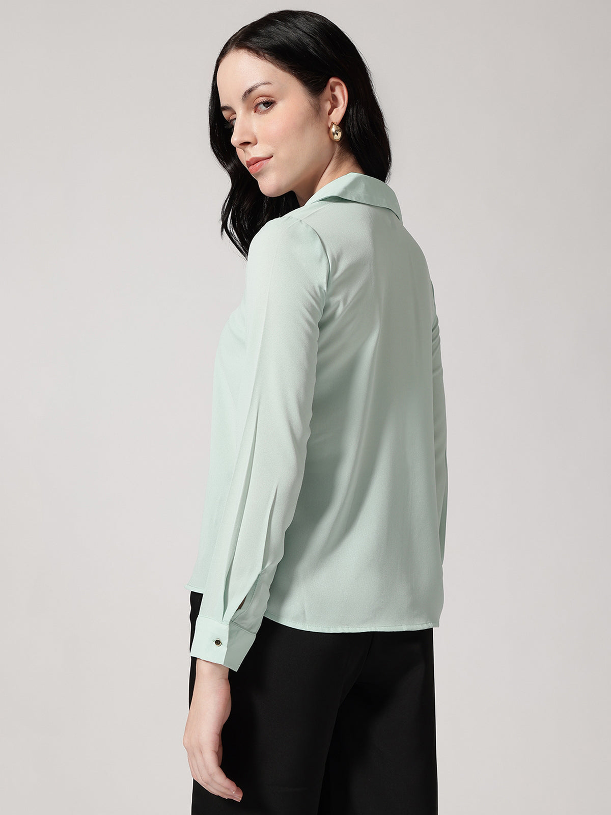 Women Green Polyester Cuban Collar Top
