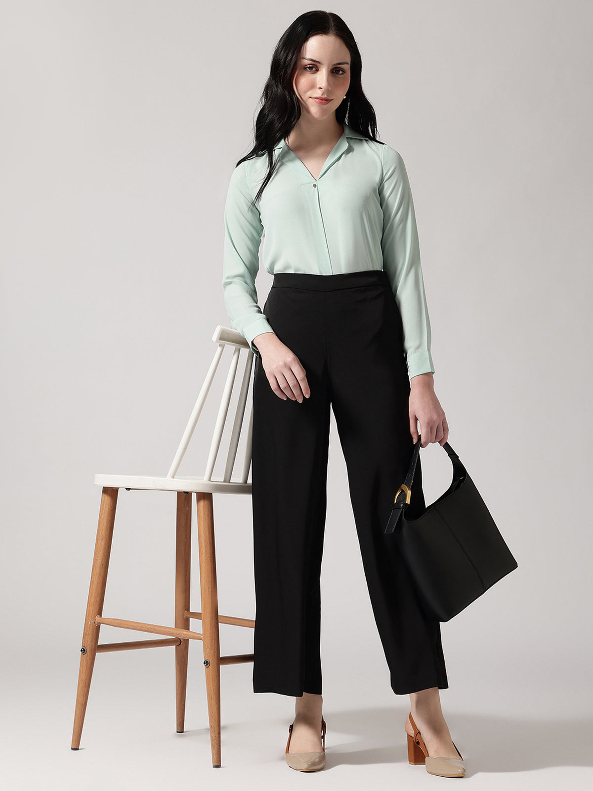 Women Green Polyester Cuban Collar Top