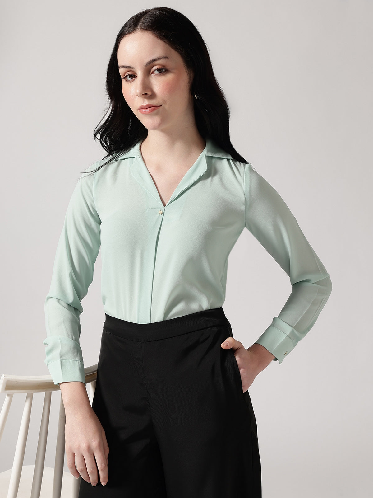 Women Green Polyester Cuban Collar Top