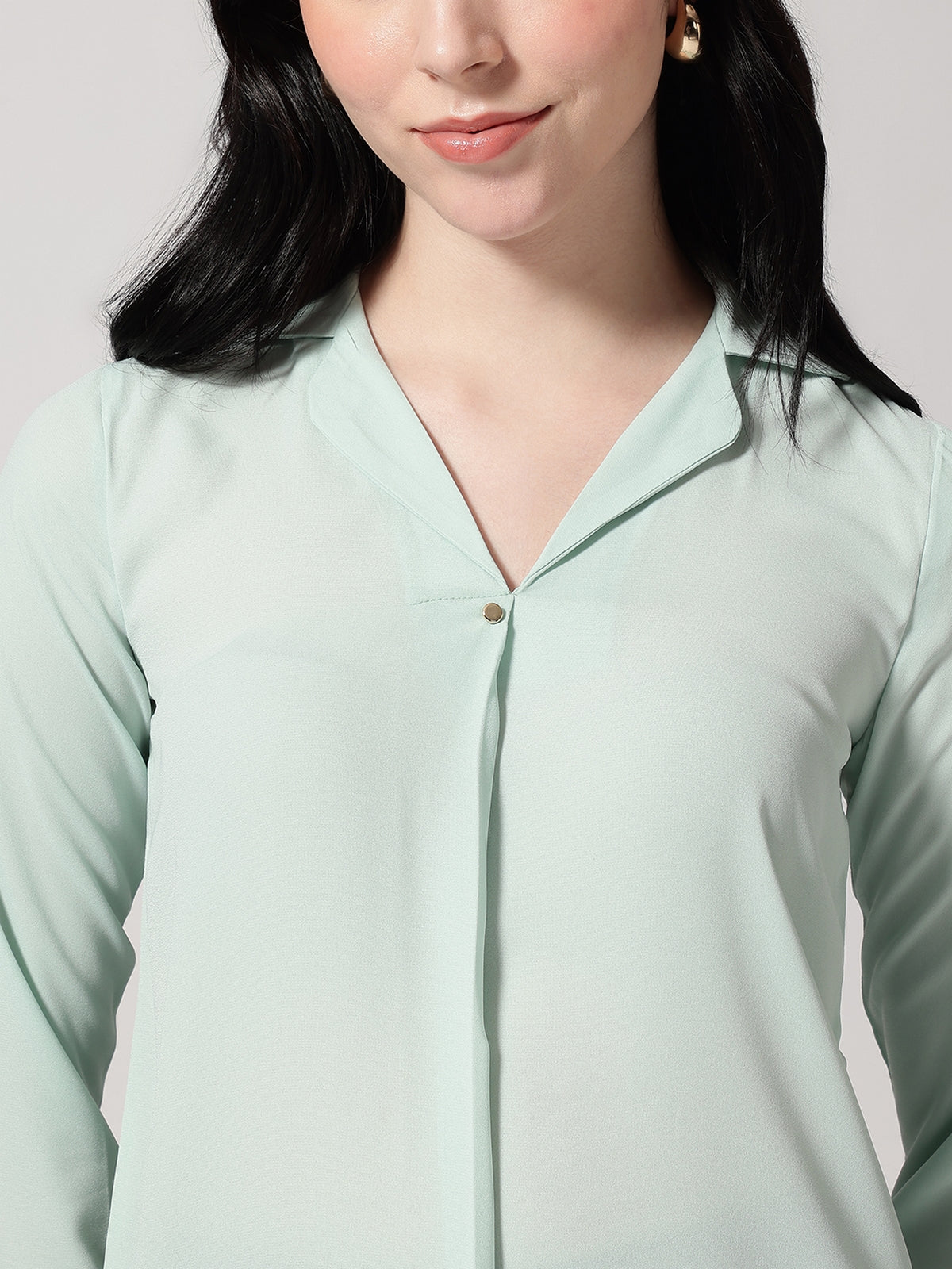 Women Green Polyester Cuban Collar Top