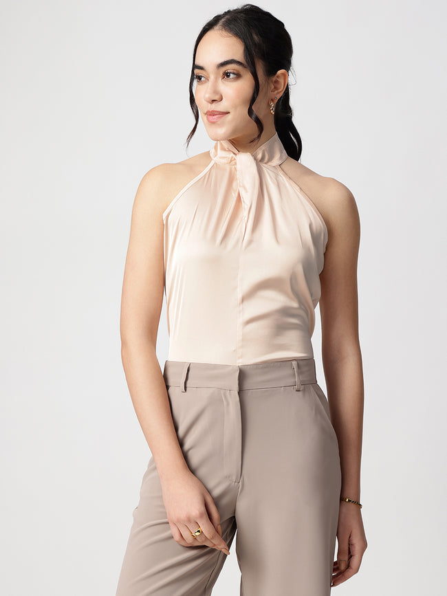 Women Beige Satin Halter Neck Top