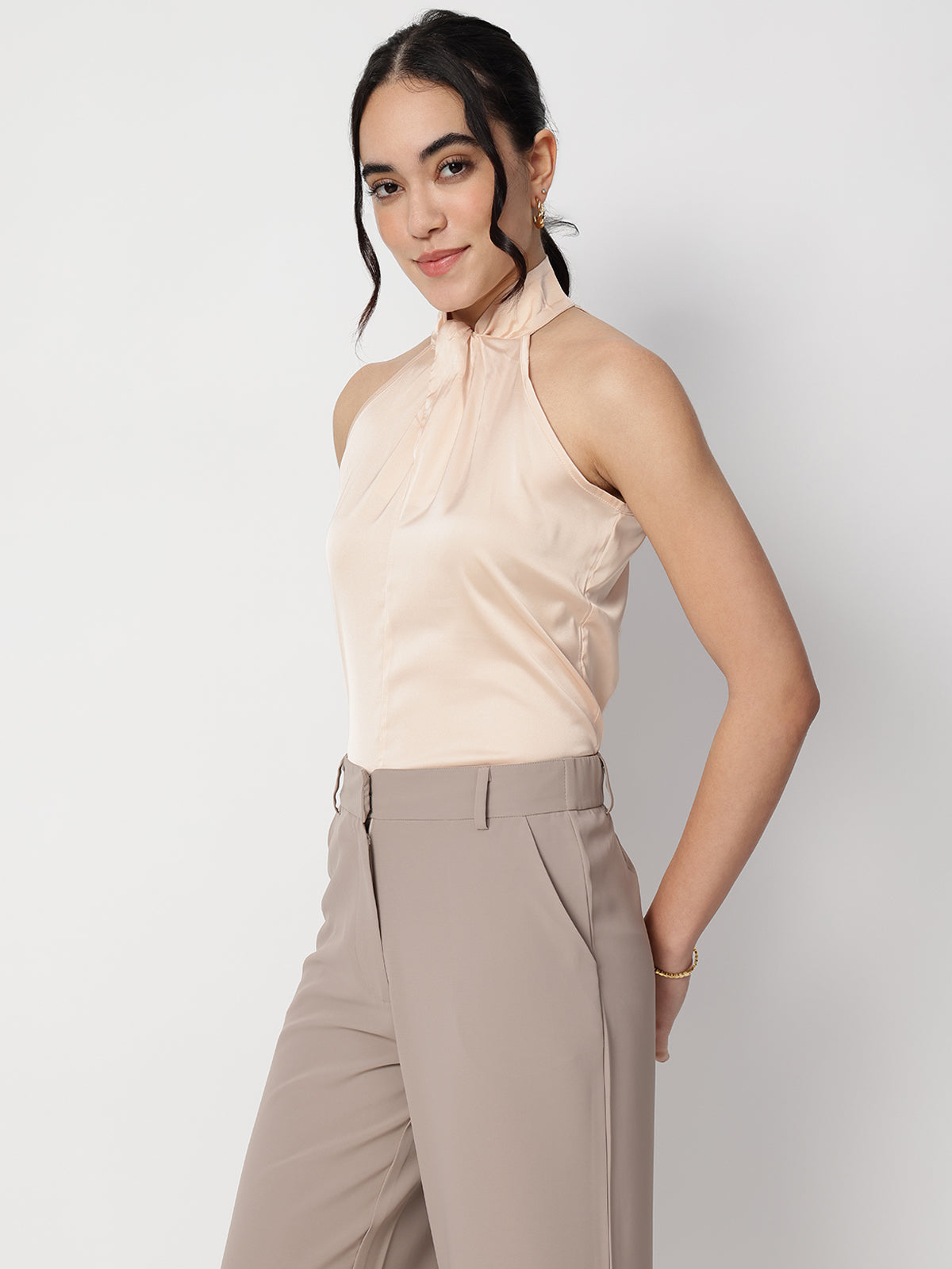 Women Beige Satin Halter Neck Top
