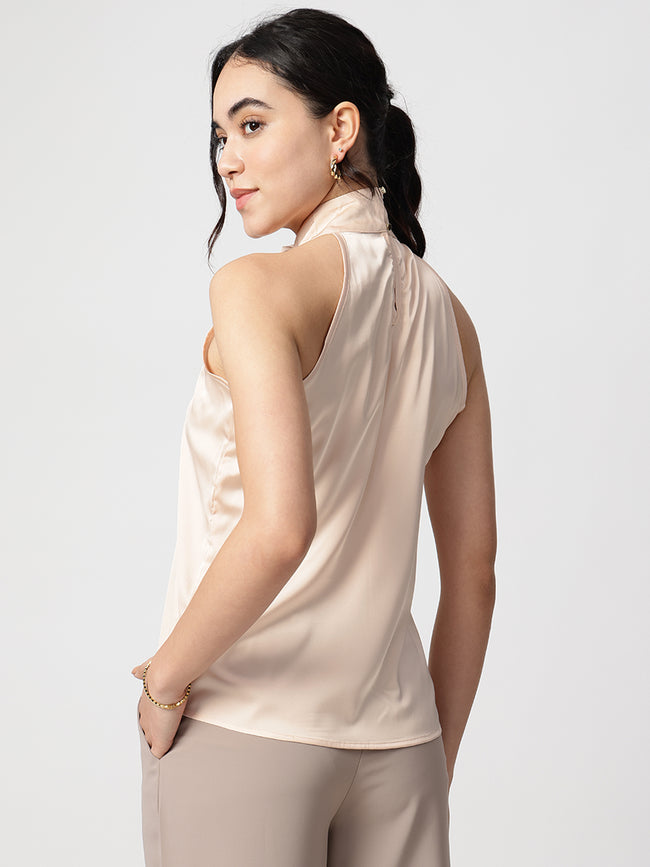Women Beige Satin Halter Neck Top