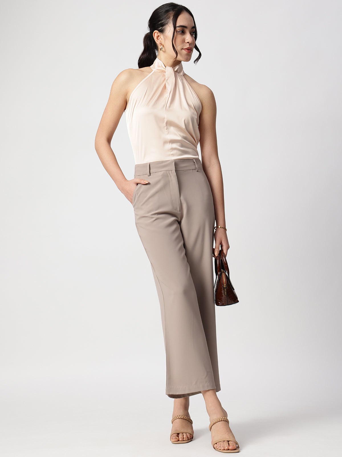 Women Beige Satin Halter Neck Top