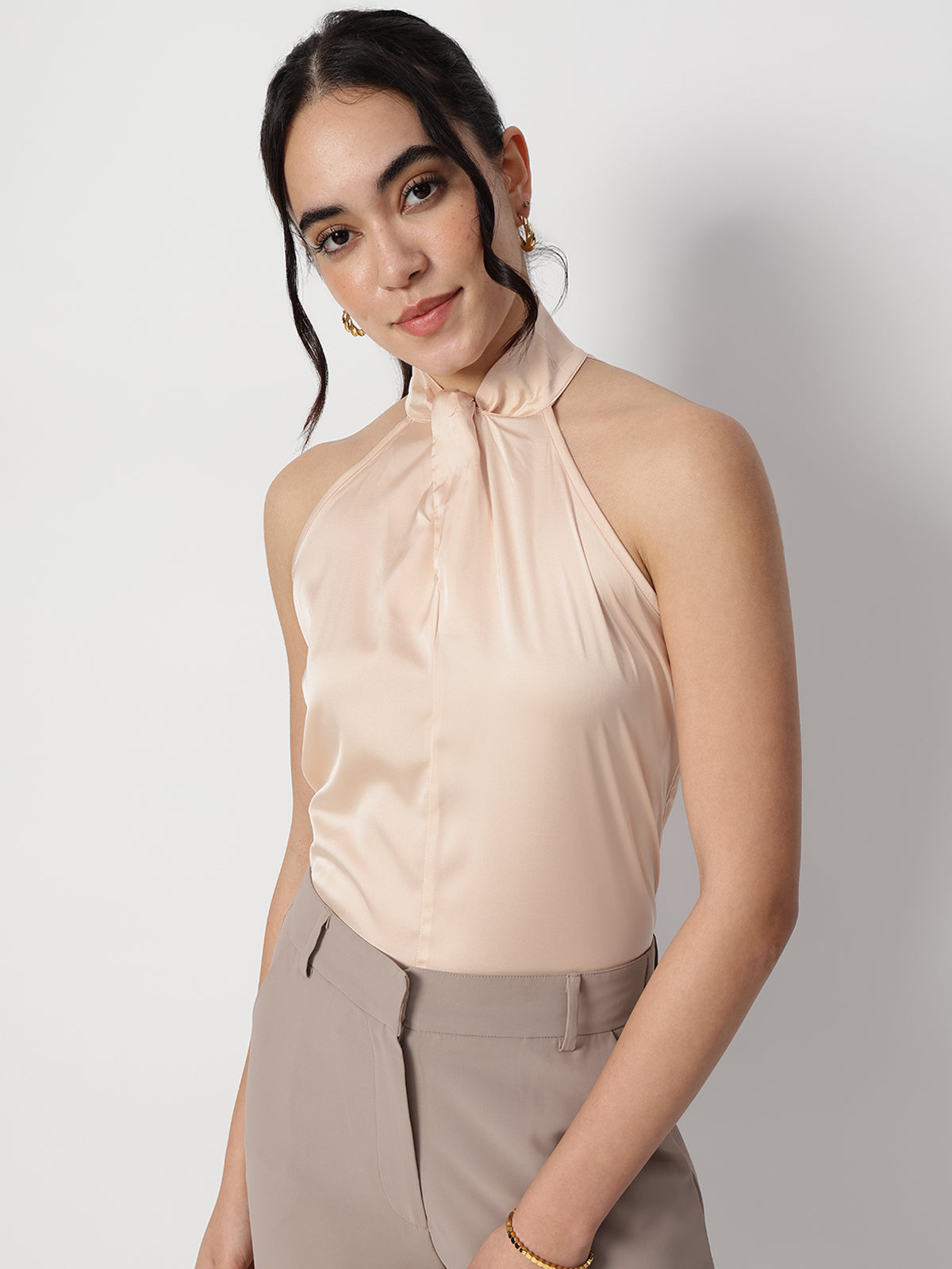 Women Beige Satin Halter Neck Top