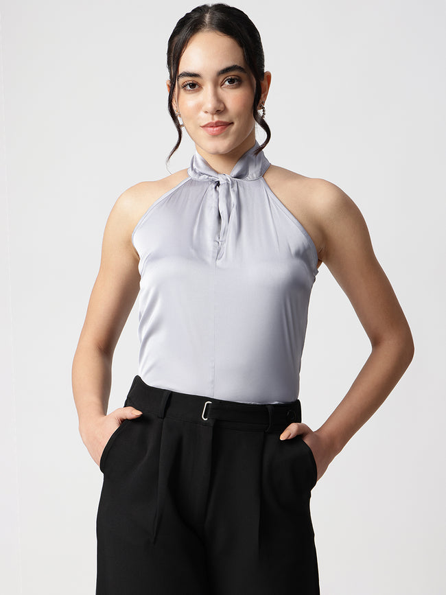 Women Grey Satin Halter Neck Top