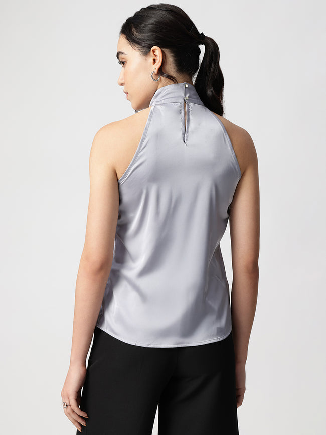 Women Grey Satin Halter Neck Top
