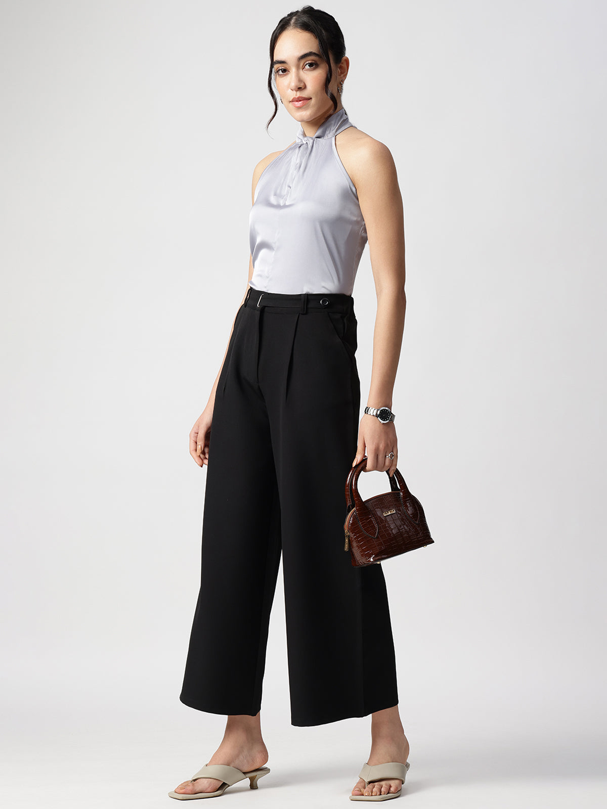 Women Grey Satin Halter Neck Top
