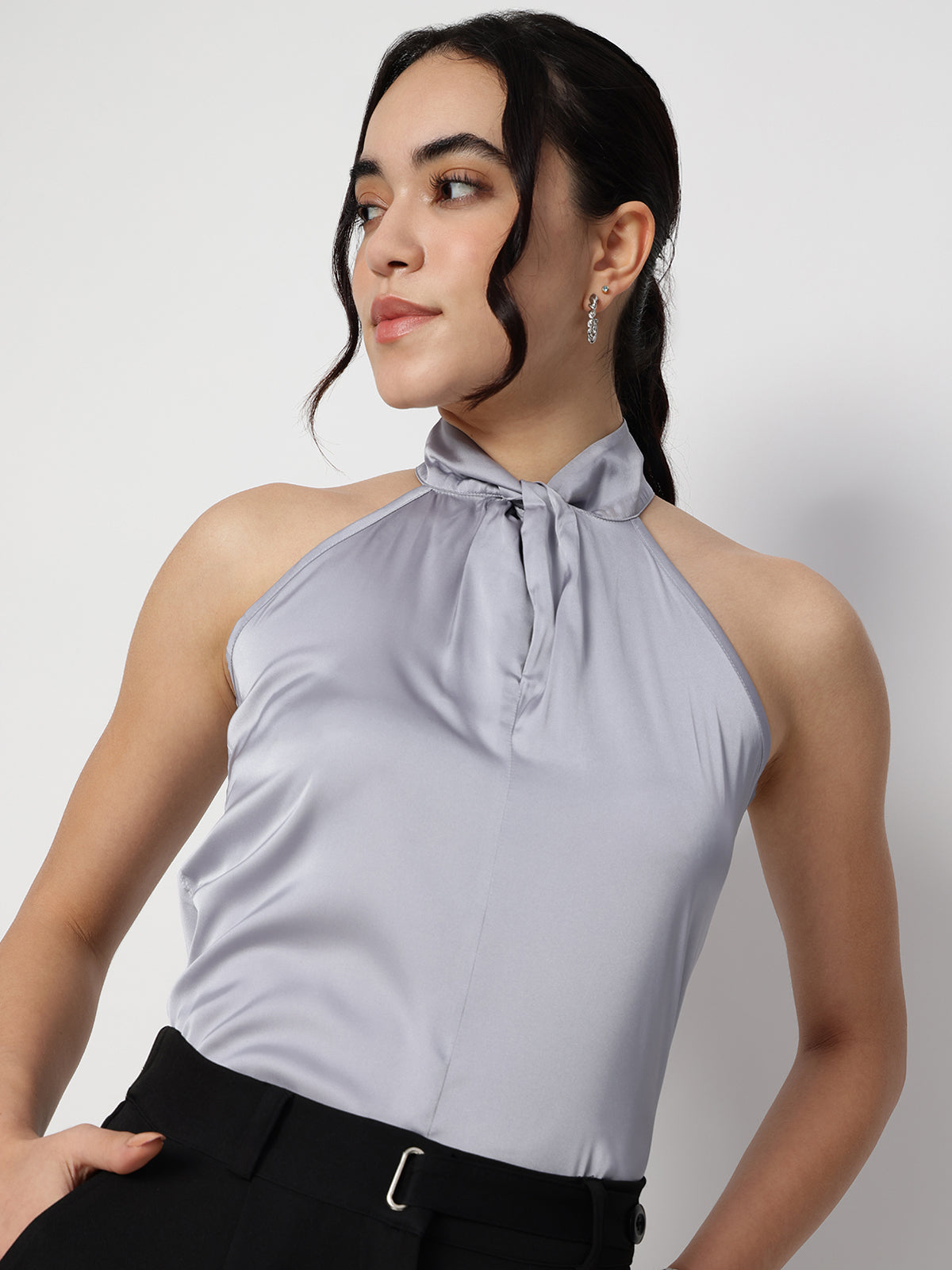 Women Grey Satin Halter Neck Top