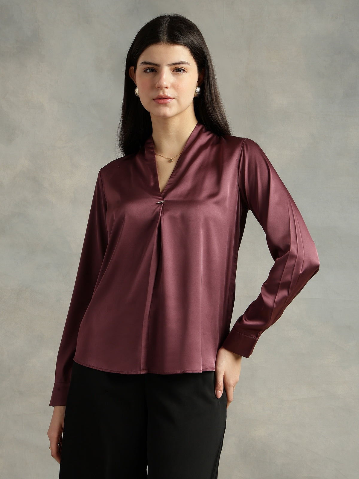 Women Purple Satin V-Neck Top