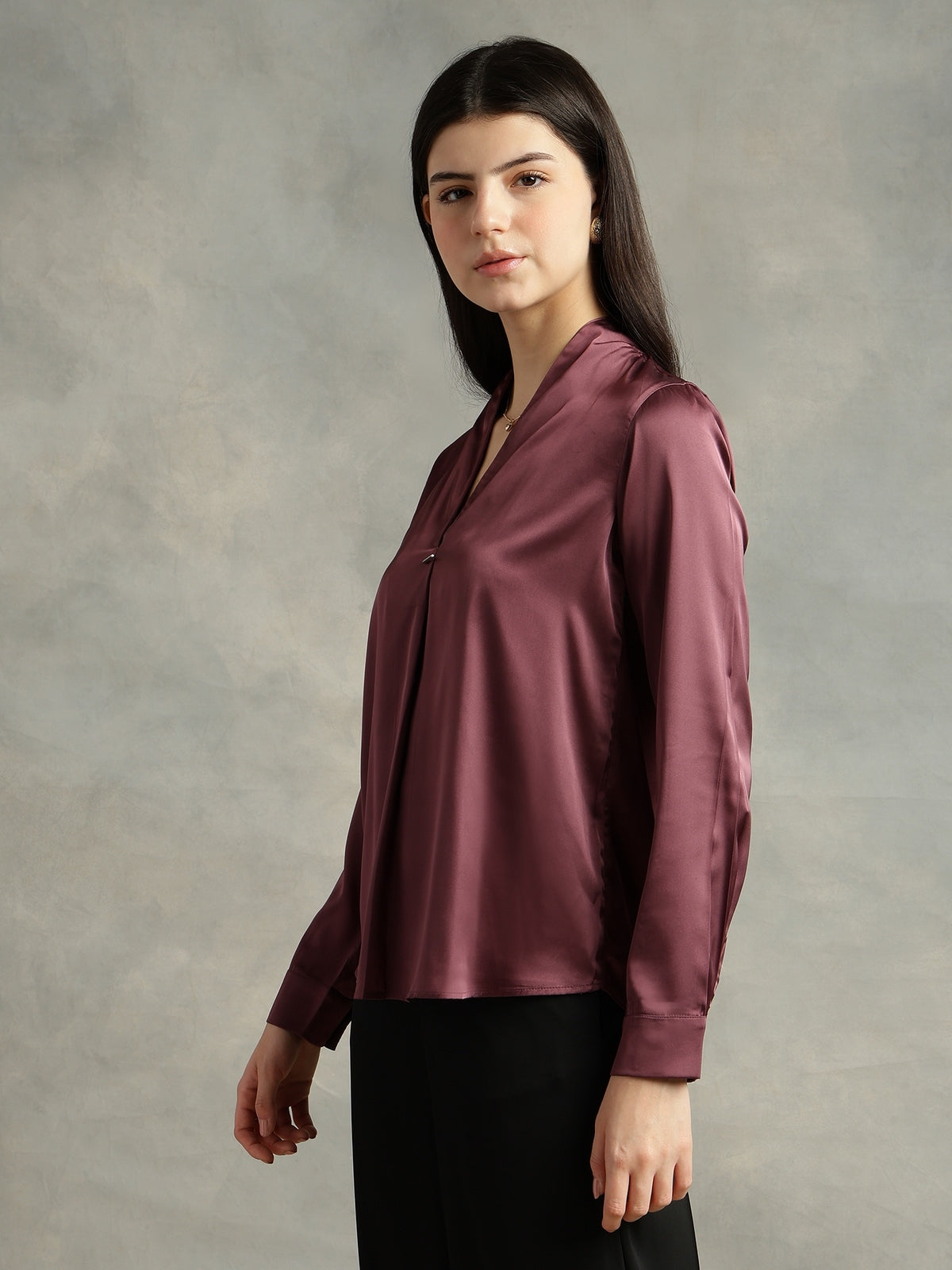Women Purple Satin V-Neck Top