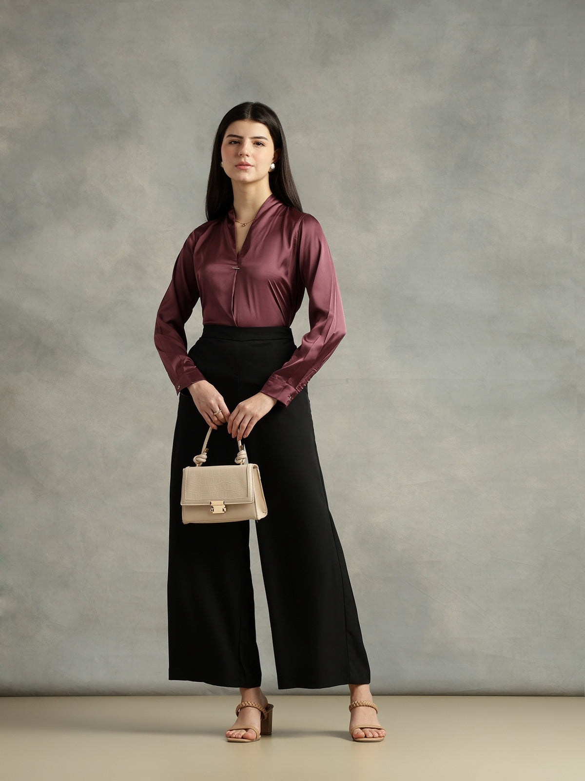 Women Purple Satin V-Neck Top