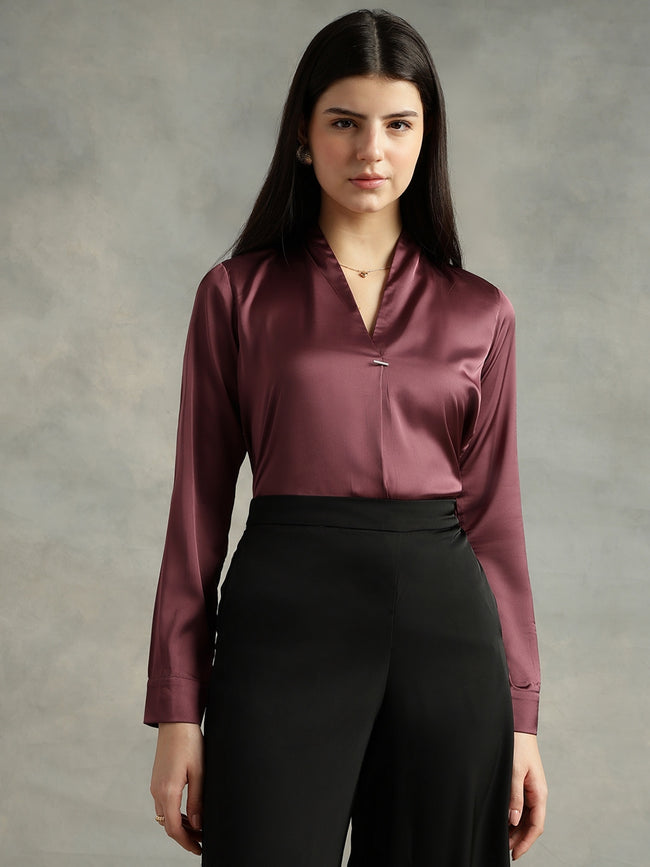 Women Purple Satin V-Neck Top