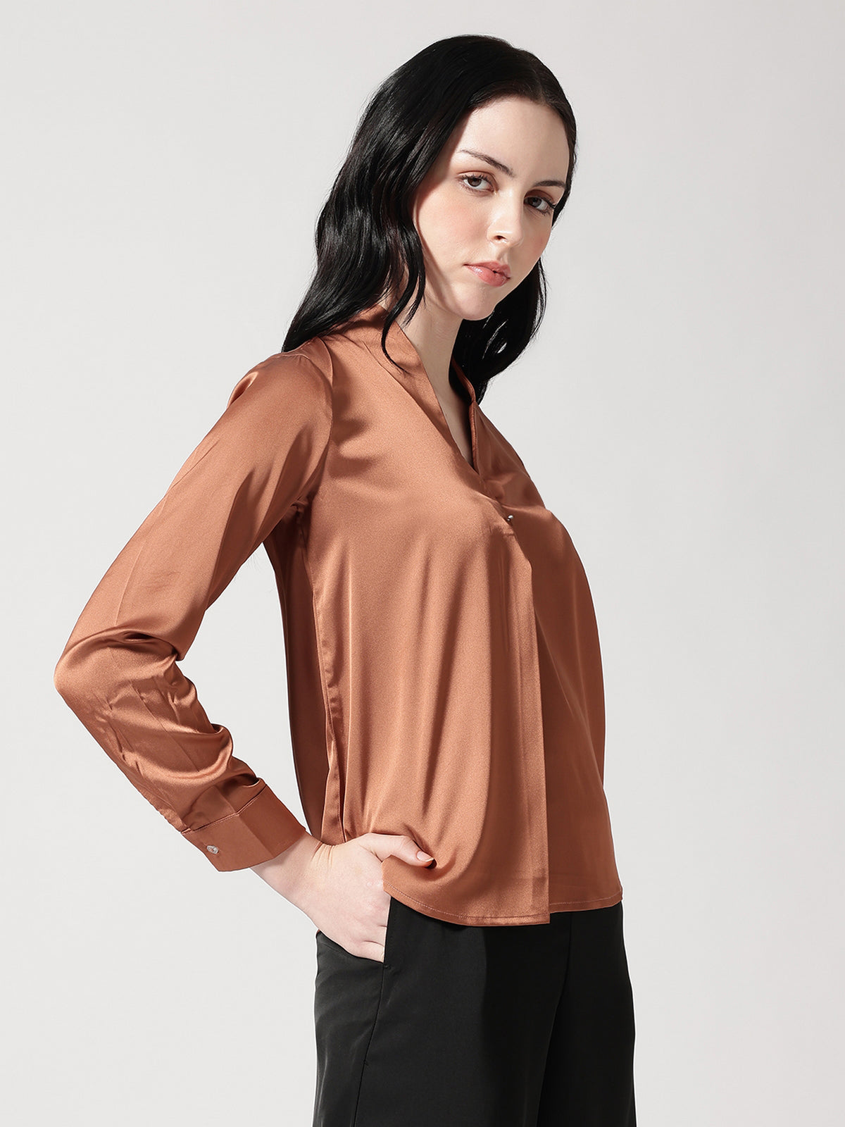 Women Brown Satin V-Neck Top
