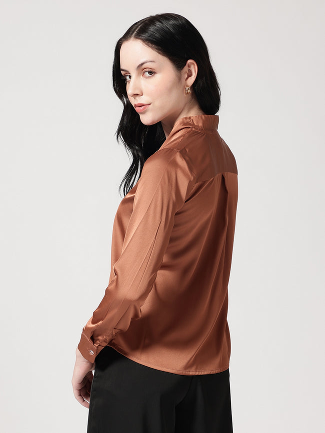 Women Brown Satin V-Neck Top