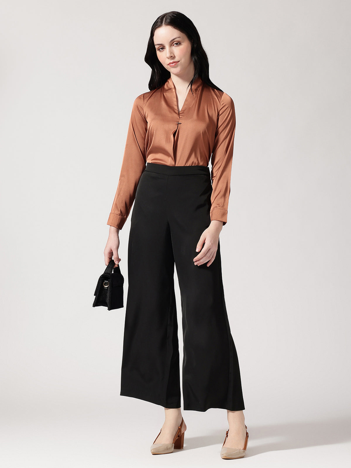 Women Brown Satin V-Neck Top