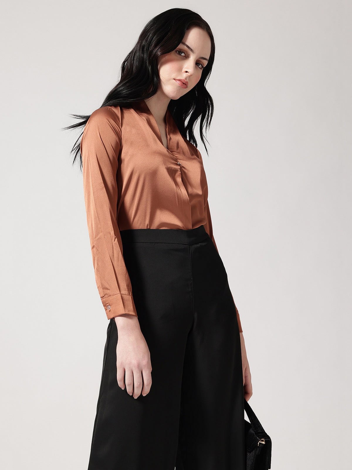 Women Brown Satin V-Neck Top