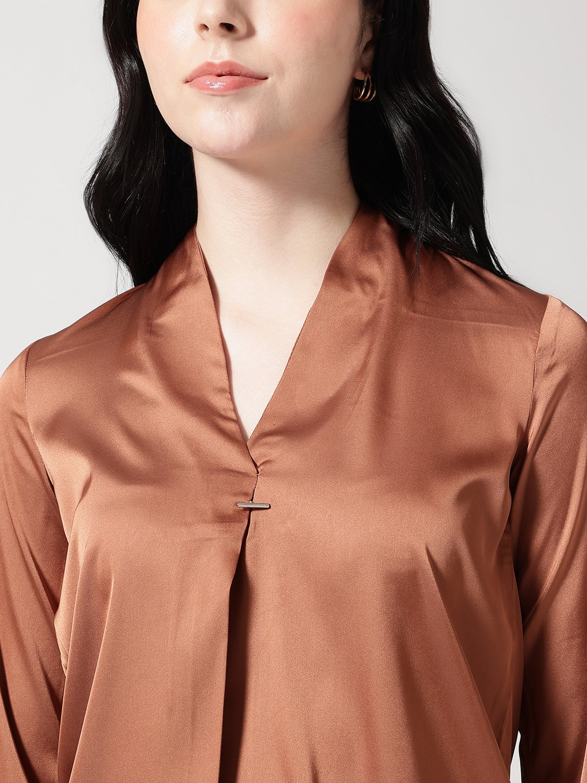 Women Brown Satin V-Neck Top