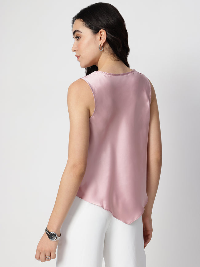 Women Pink Satin Cowl Neck Top