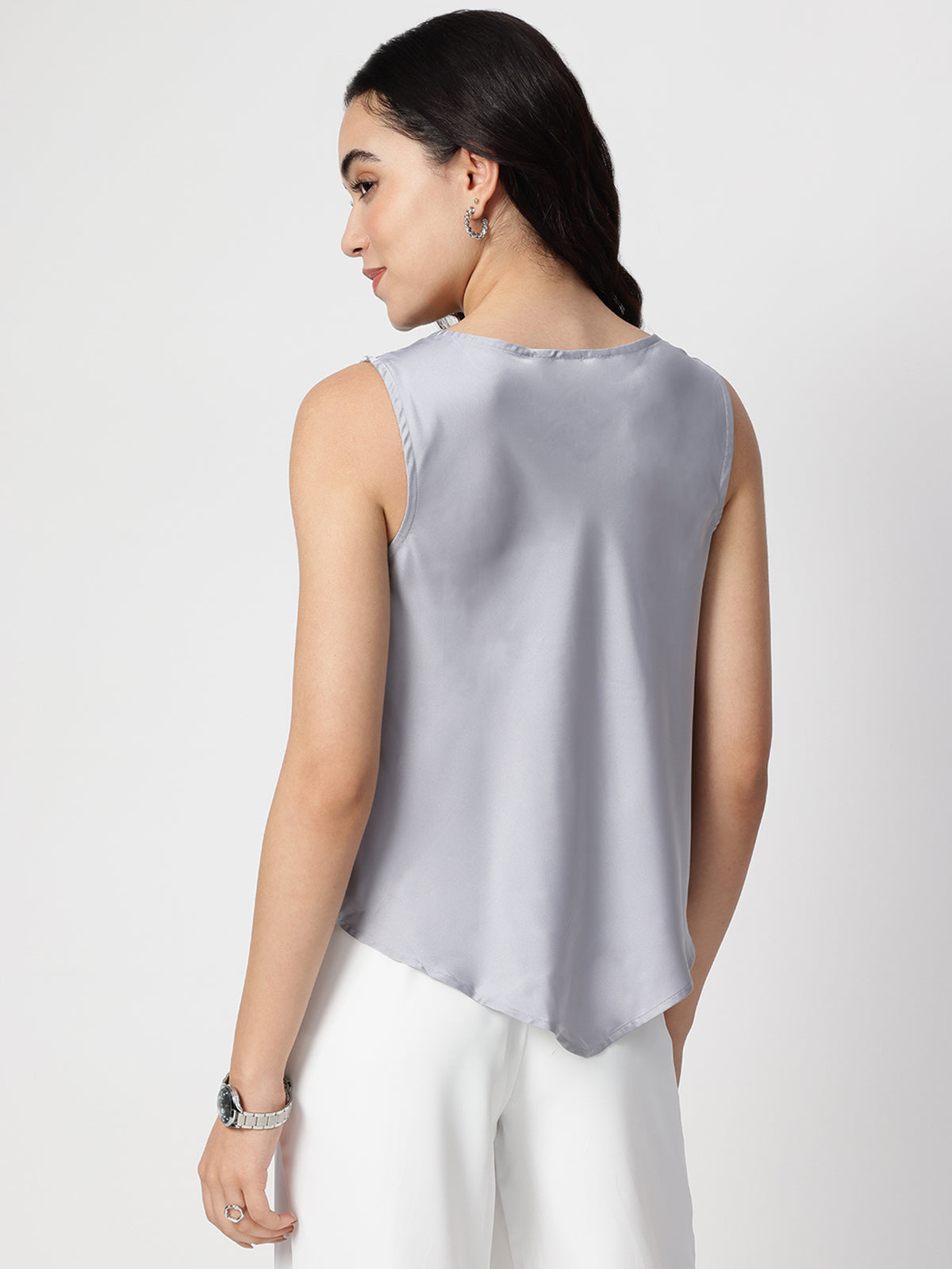 Women Grey Satin Cowl Neck Top