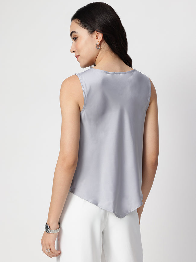 Women Grey Satin Cowl Neck Top