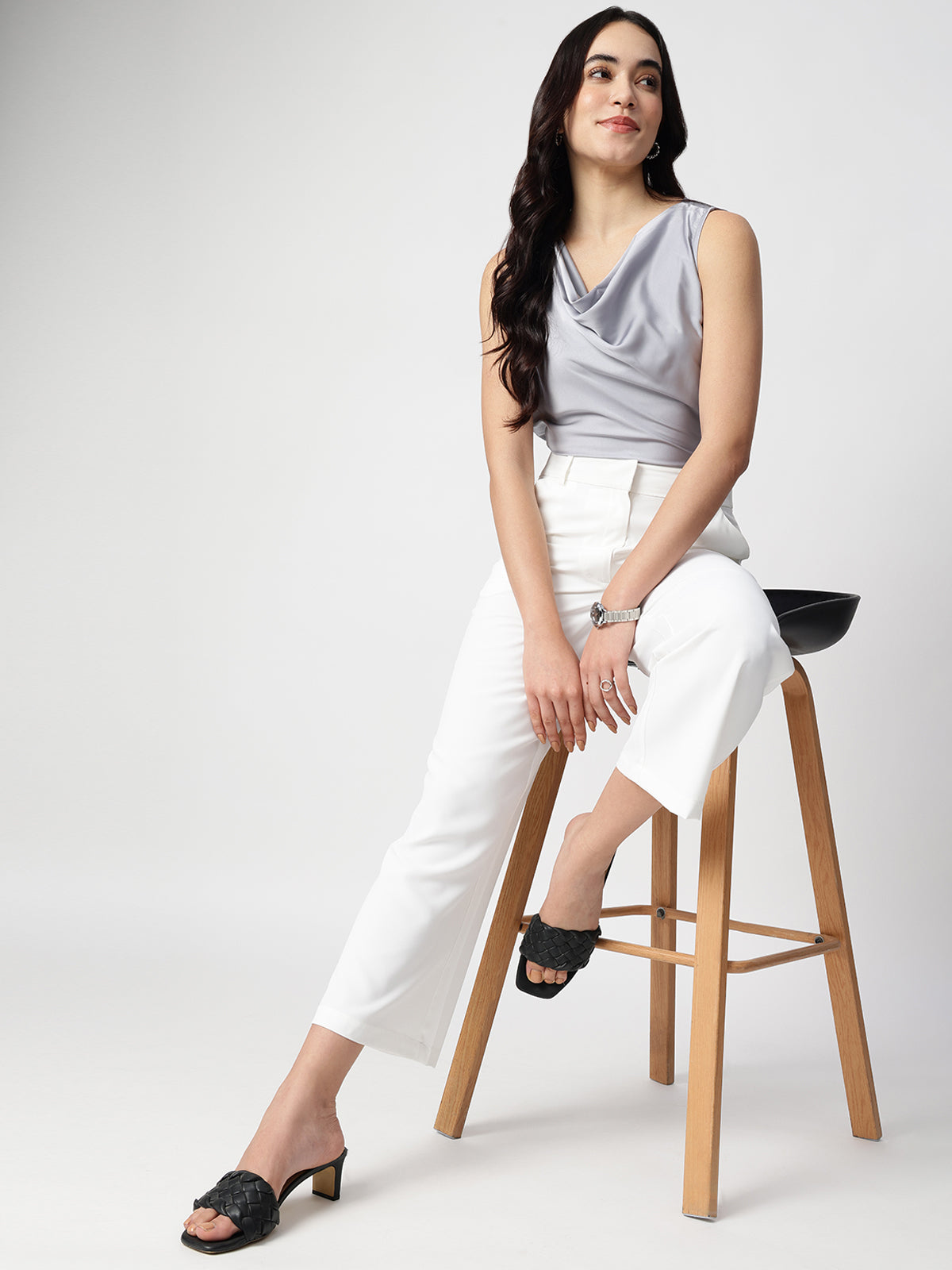 Women Grey Satin Cowl Neck Top