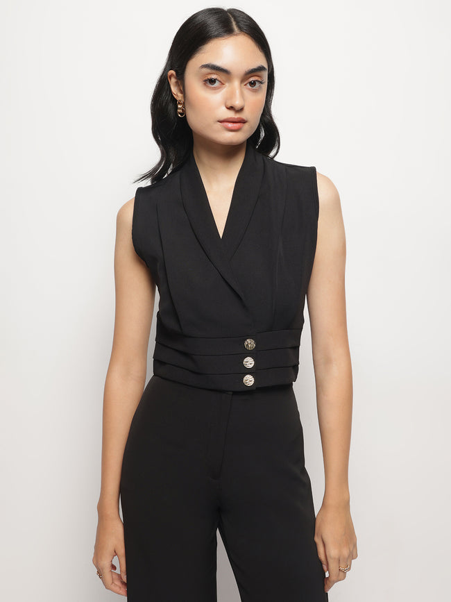 Women Black Business Formal Collared Sleeveless Waistcoat