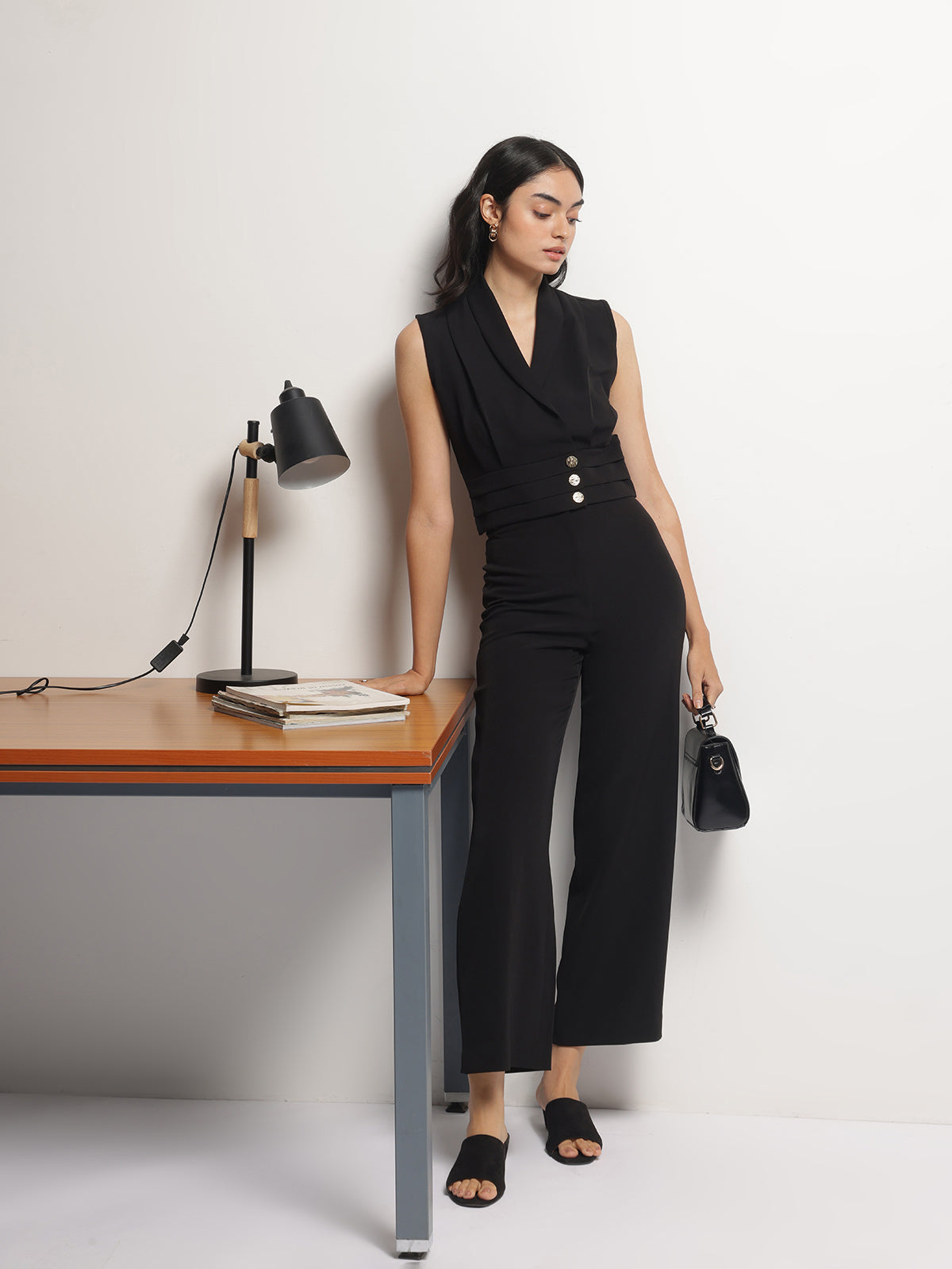 Women Black Business Formal Collared Sleeveless Waistcoat
