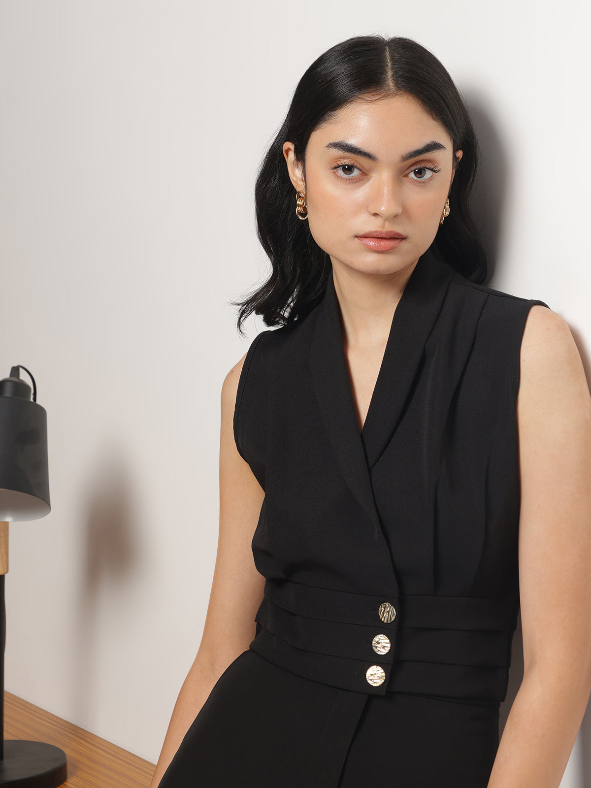 Women Black Business Formal Collared Sleeveless Waistcoat