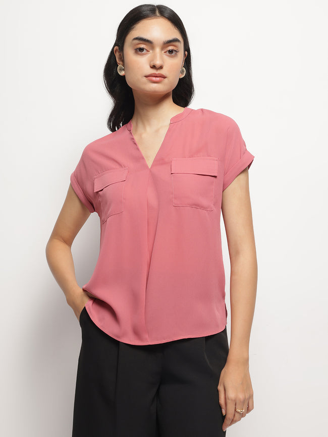 Women Mandarin Collar V-Neck Dolman Sleeves Top