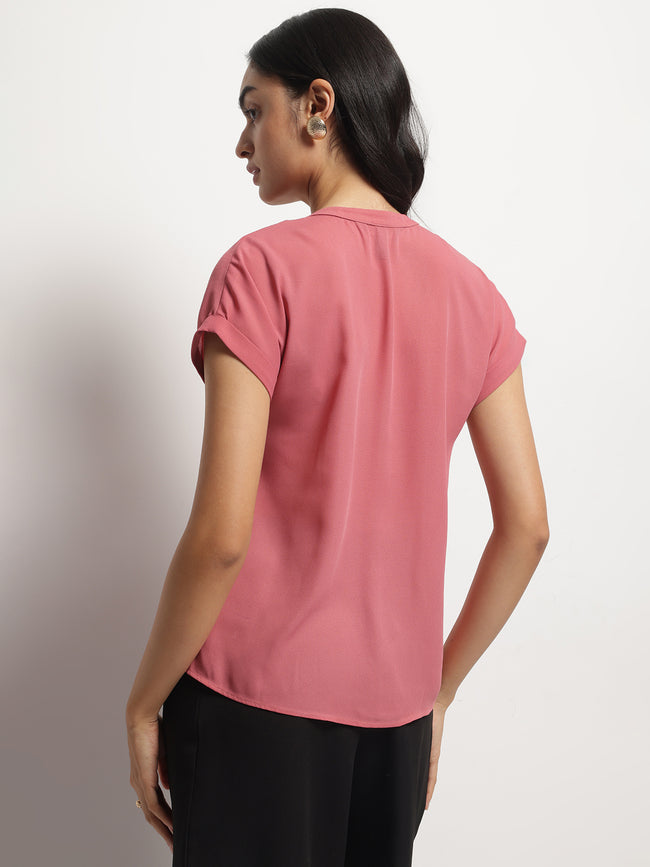 Women Mandarin Collar V-Neck Dolman Sleeves Top