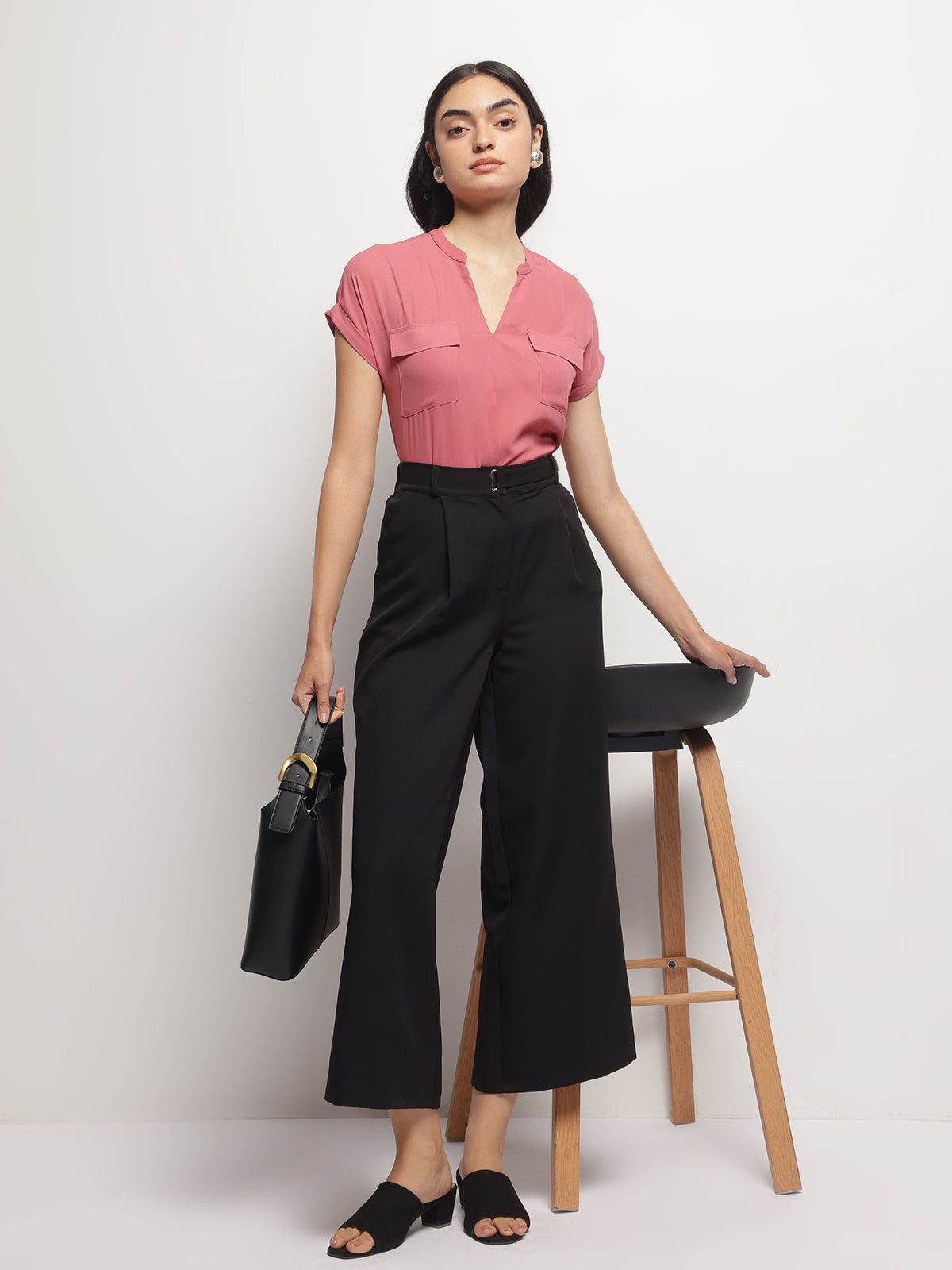 Women Mandarin Collar V-Neck Dolman Sleeves Top