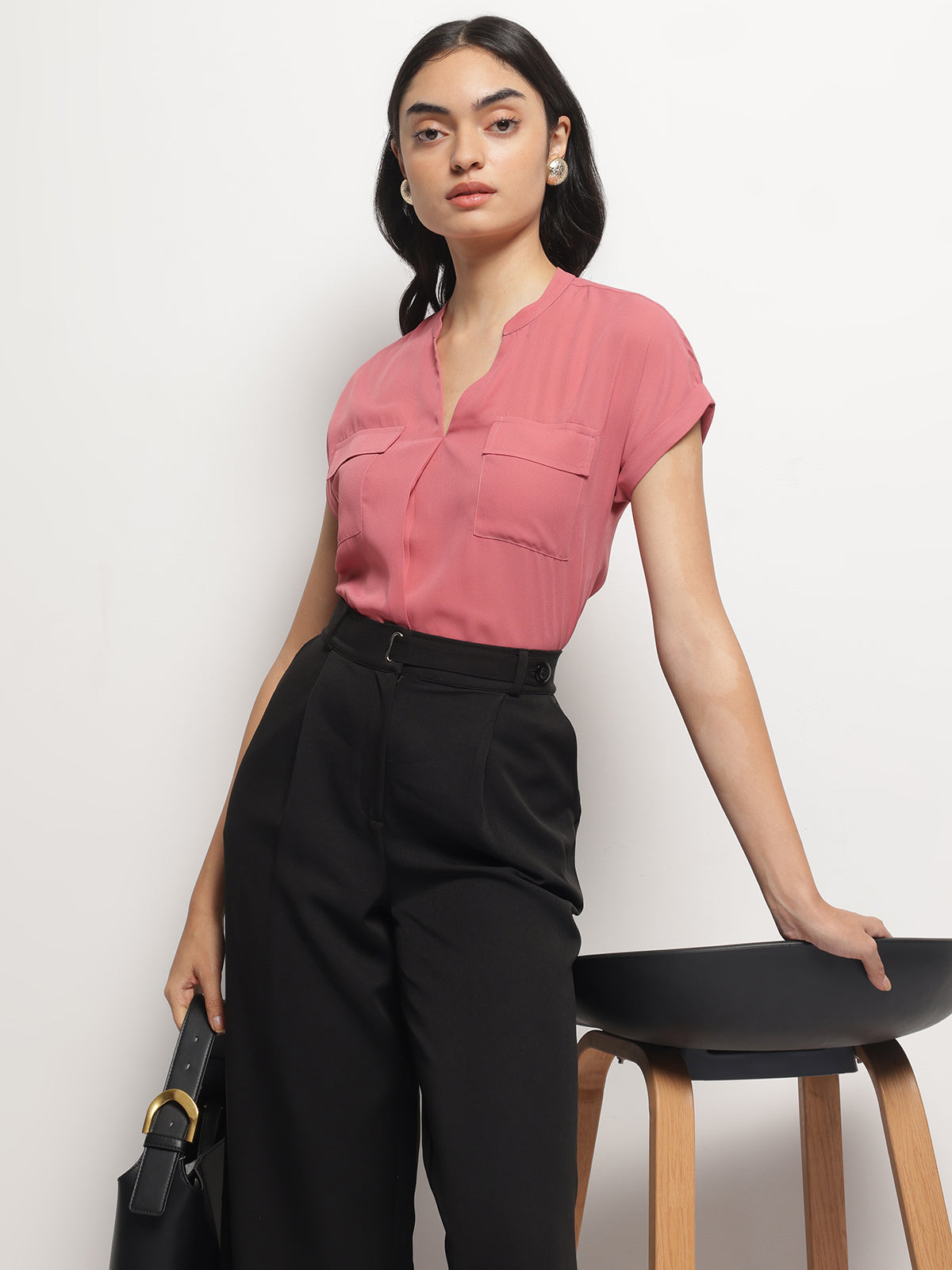 Women Mandarin Collar V-Neck Dolman Sleeves Top